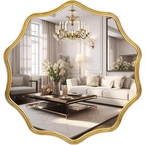 Fobule 28"x28" Gold Round Wall Mirror, Large Irregular Wavy Mirror Modern Decorative Hanging Mirror for Living Room Bathroom Bedroom Entryway
