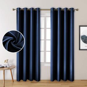HOMEIDEAS 2 Panels Navy Blue Faux Silk Blackout Curtains, 52 X 96 Inch Room Darkening Satin Thermal Insulated Window Drapes for Bedroom, Indoor