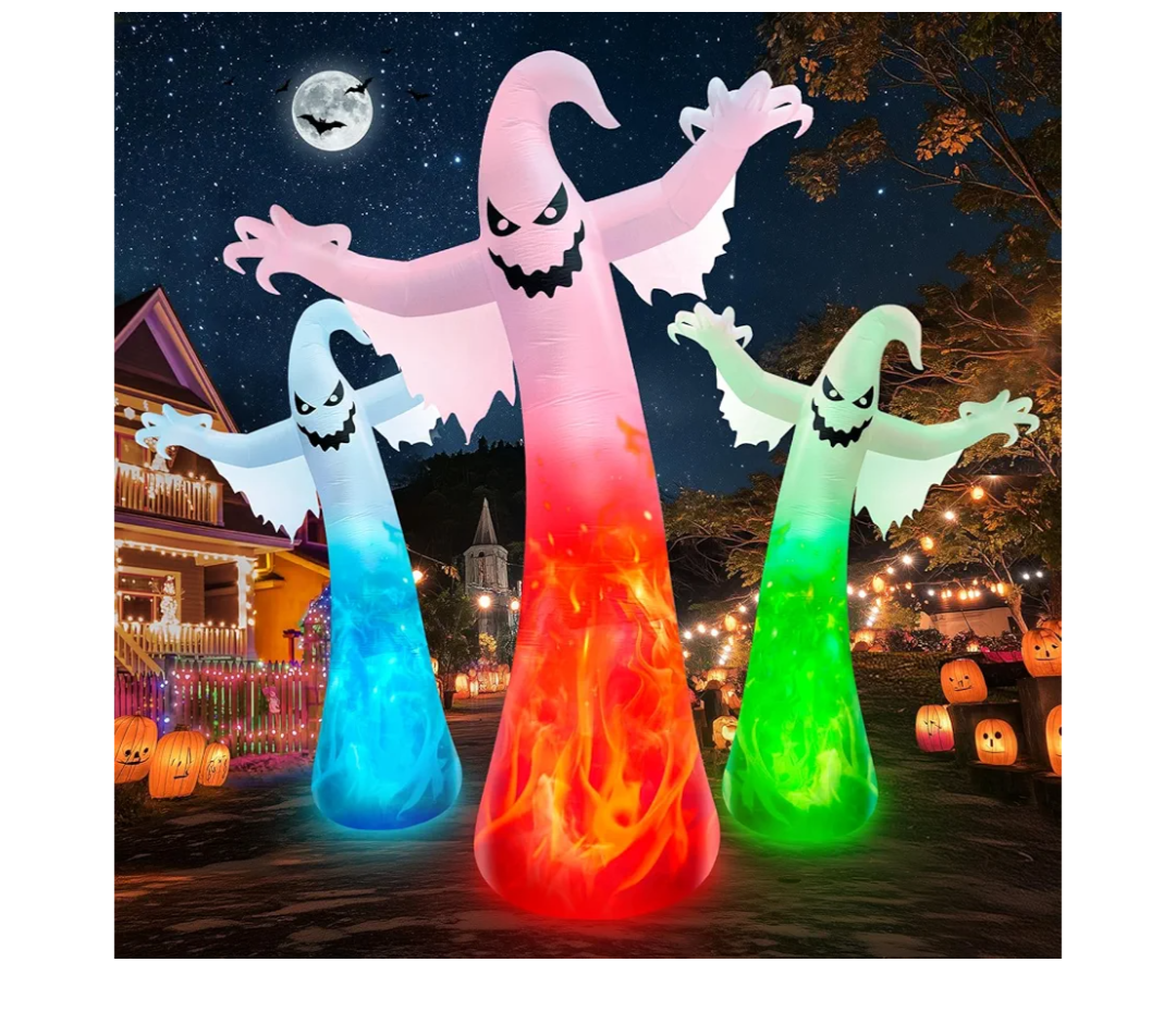 12FT Giant Halloween Inflatables Ghost with 3Colored Flame Rotation LED Lights, Huge Spooky Halloween Decoration Outdoor Large Halloween Blow Up Yard Decorations Tall Blowups for Lawn Party (1PCS)