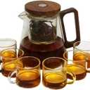 Heat - Resistant Glass Teapot Set with 6 Cups, Press - Type Removable Tea Infuser for Easy Brew & Separation, 800ML/27oz