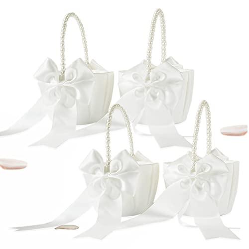 ATAILOVE Flower Girl Basket with Pearl Handle, Ivory Fariy Wedding Baskets for Flower Girls, Set of 3