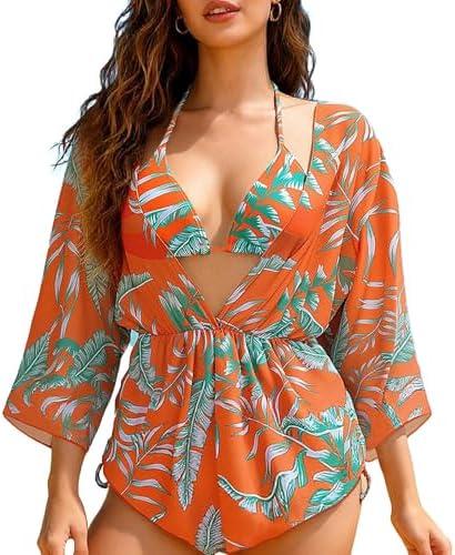 Bolsamila 3 Piece Swimsuits for Women Sexy Leaf Print Bikini Set Mesh Cover Up Tropical Swimsuits XL