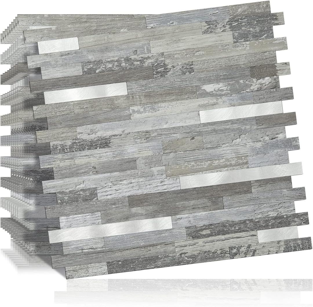 DICOFUN 10-Sheet Peel and Stick Backsplash Wall Tile, PVC Kitchen Backsplash Peel and Stick in Distressed Wood, 9.4 sq.ft (Distressed Wood with Metal Silver)