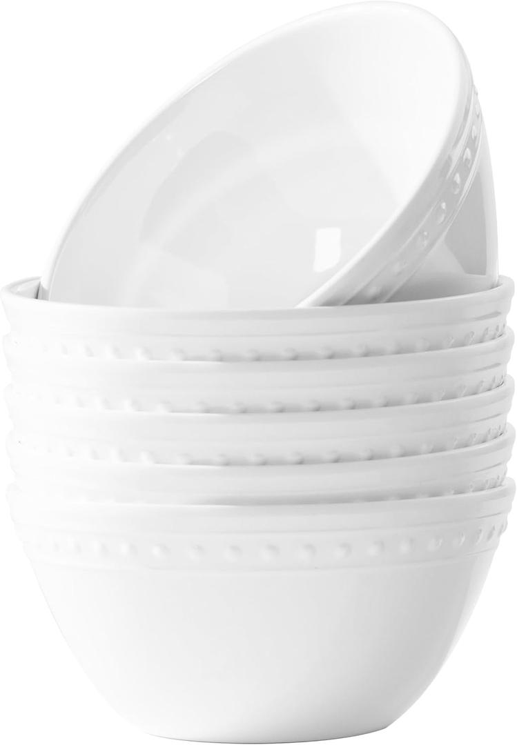 6in Basic White Beaded Melamine Plastic Cereal Bowl Set, Soup Bowls Set of 6, Dishwasher Safe, Break-Resistant, 24 oz Melamine Salad Bowls for Daily Use