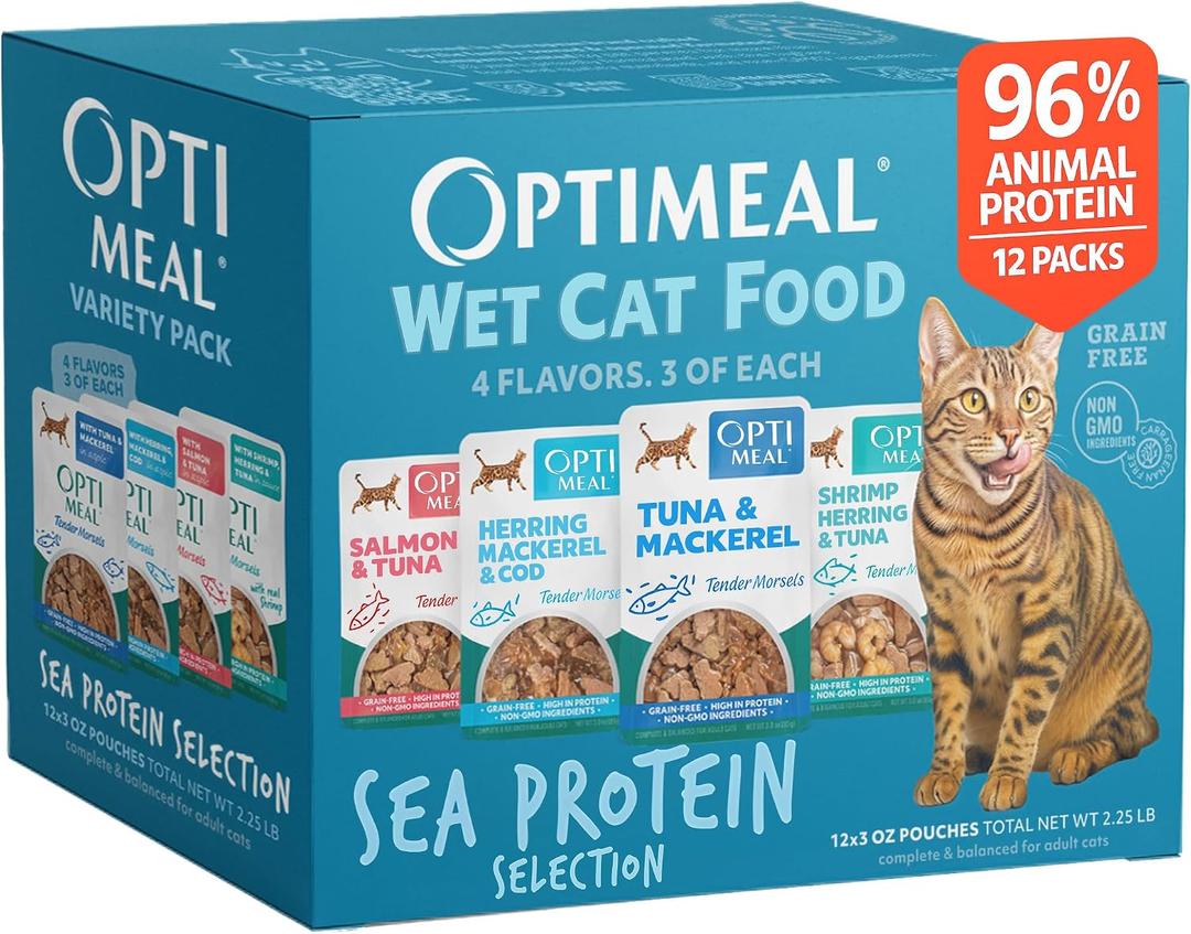 Optimeal Wet Cat Food Variety Pack - Sea Protein Selection, Grain Free Tender Morsels, High Protein Premium Nutrition Made with Natural European Ingredients, Adult Cat Pouches 3oz (Pack of 12) (EXP 03/12/28)