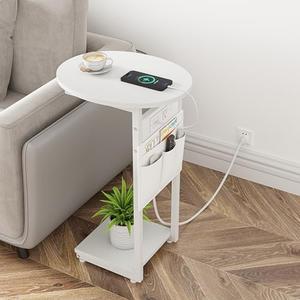 Vagusicc C Shaped End Table with Charging Station, Small Side Table for Couch, TV Tray Slide Under Sofa Table for Living Room and Bedroom, C Table Round Couch Side Table, White