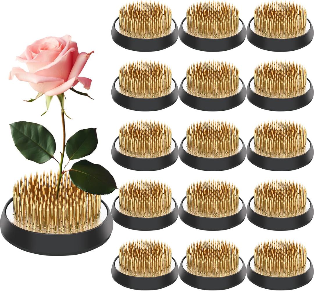 Sliner 16 Pieces Floral Frogs 1.57 Inch Round Brass Flower Holder Japanese Ikebana Vase Kenzan Flower Flower Arranger Flower Fixed Tools Pin for Flower Arrangement Home DIY Craft (Gold)