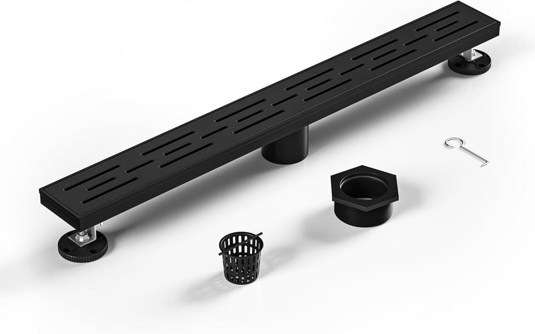 Bochni Linear Shower Drain 24" Matte Black 304 Stainless Steel | with Drain Grate| Fast Drainage | Stainless Floor Drain Grate | Hair Strainer | Drain Key | The Upgrade for Your Bathroom