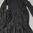 MITILLY Women's Elegant Floral Long Sleeve Round Neck Smocked A-Line Flowy Tiered Maxi Dress with Pockets (Large, Black)