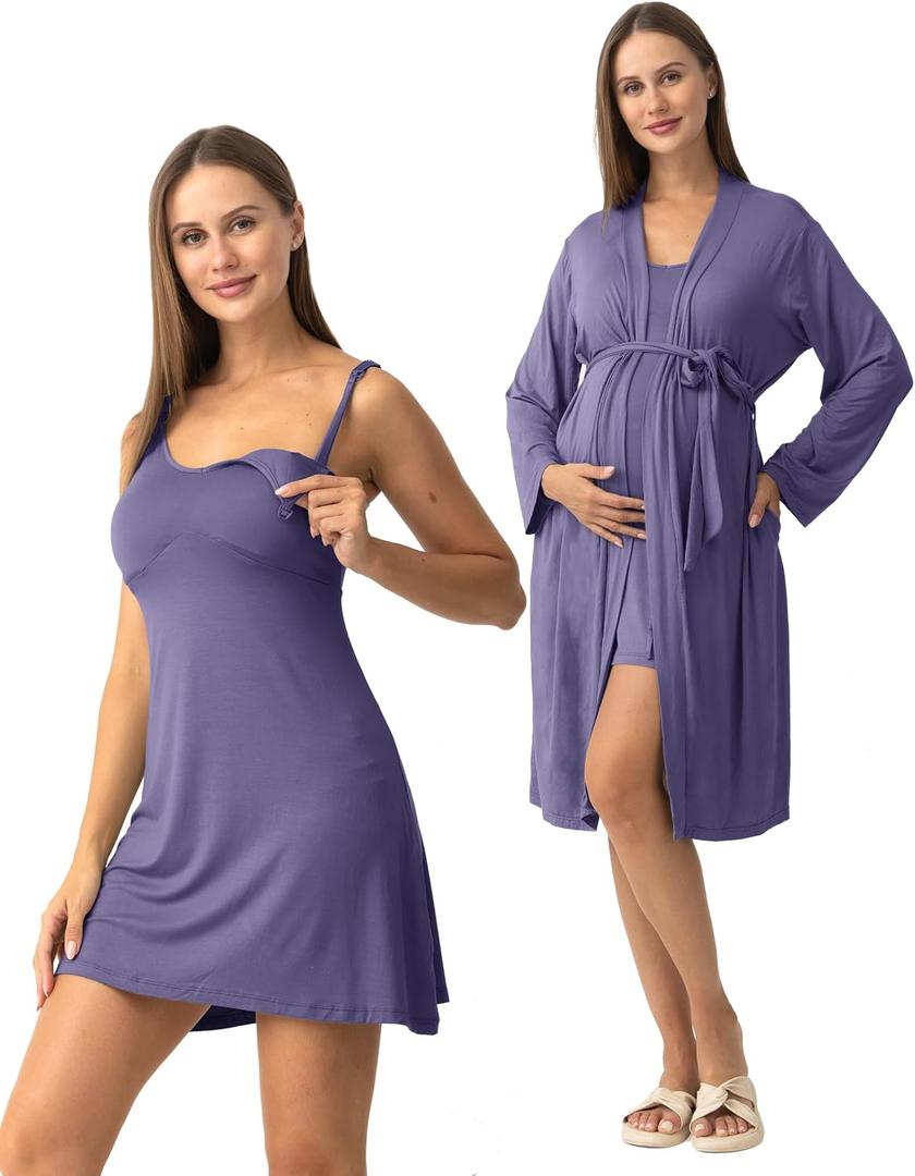 SUNNYBUY Women's Nursing Nightgown Maternity Robe Set, 3 in 1 Labor Delivery Breastfeeding Dress Postpartum Sleepwear, S