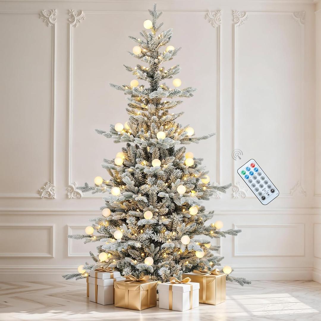 DWVO 7.5ft Prelit Flocked Aspen Fir Christmas Tree with Bulbs and Lights, Full Artificial Xmas Tree with 1734 Metal Hinged PE & PVC Flame Resistant Branches, 58 Bulbs and 350 Lights Remote Controlled