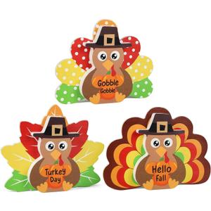 3Pcs Thanksgiving Decorations for Home Turkey Wooden Block Sign Harvest Day Fall Decor Indoor Fall Tiered Tray Decor Turkey Ornament for Autumn Table Centerpiece (Large)