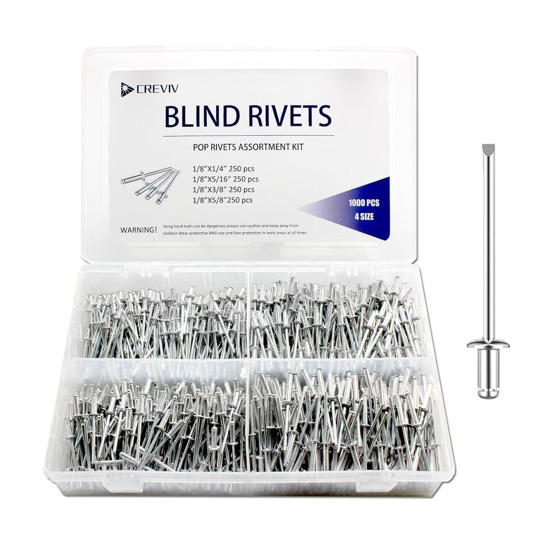 Blind Rivets Assortment Kit 1000 Pcs - Aluminum Pop Rivets (1/8" 4 Sizes) Corrosion-Resistant Fasteners for Automotive, Construction, Metalworking - Bulk Multi-Size Rivet Kit with Durable Case