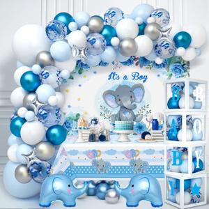 Golray 155pcs Elephant Baby Shower Decorations for Boy, Boxes with Letters/ Blue Balloon Garland Kit/ Backdrop/ Tablecloth/ Star, Elephant Kid Birthday Party Supplies Baby Boy Shower Decor