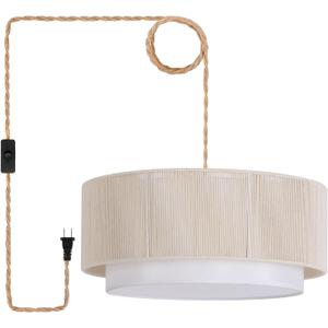 18” Plug in Pendant Light, Large Rattan Plug in Chandelier with 15.7FT Light Cord, Hanging Lamp with Handwoven Cotton Rope Lampshade for Living Room Dining Room Kitchen