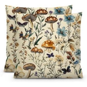 Floral Mushroom Pillow Covers, Vintage Flower Floral Mushroom Decorative Throw Pillow Covers Cushion Cases for Bedroom Couch Sofa Bed Living Room Car 18x18 Inches Set of 2