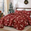 Dinjoy Christmas Quilt King Size with 2 Pillow Shams, Lightweight Bedspread Holiday Red Soft Coverlet Reindeer Pattern Bedspread for All Seasons Bed Cover Home Decor
