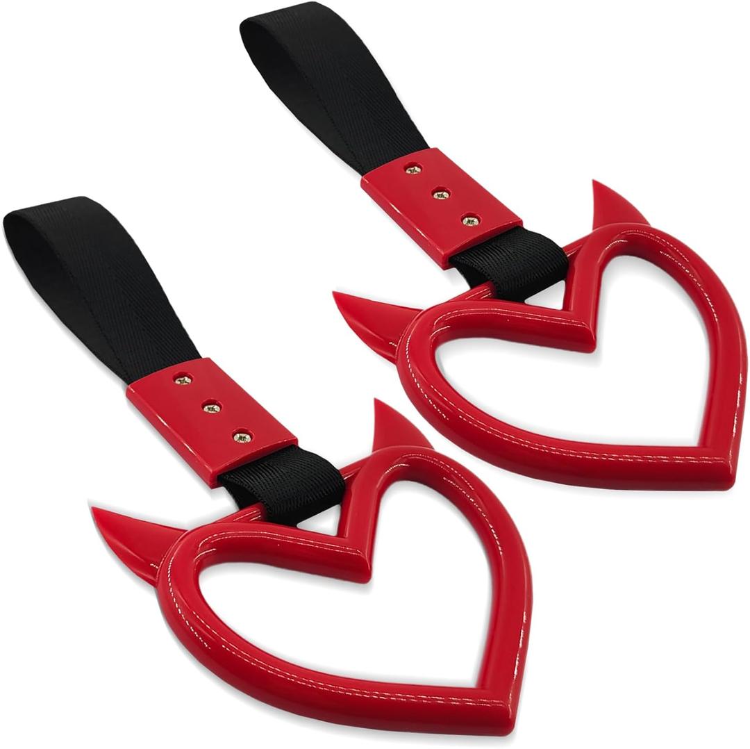 2PCS Heart shaped Car Handle Straps, Heart Car Accessories, Ring Hearts Shaped Cars Hand Strap Drift Charm, Universal Handle Keychains Accessory Suitable for Cars Bus (Red+black)