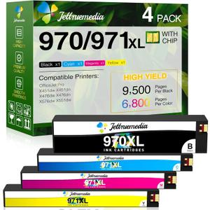 4-Pack 971XL 970XL PageWide Cartridge High Yield Compatible with HP 970XL Ink Cartridg for HP Printer OfficeJet Pro X451dw X451dn X476dw X476dn X576dw X551dw (970XL-Black, 971XL-Cyan/Magenta/Yellow)
