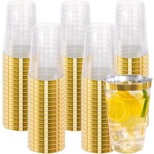 I00000 100 Pack 20 oz Gold Plastic Cups, Elegant Gold Rimmed Plastic Cups, Disposable Cocktail Glasses, 20 oz Premium Tumblers Perfect for Birthday, Party & Wedding