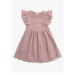 Toddler Girls Lace Dress Pom Pom Ruffle Sleeve Kids Party Birthday Princess Dresses, Size 70