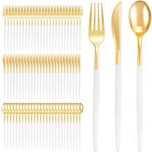 I00000 300 Pcs Gold Plastic Silverware - Gold Disposable Silverware - Premium White Cutlery Set Include 100 Forks 100 Knives 100 Spoons,Plastic Cutlery Party Set for Party & Wedding