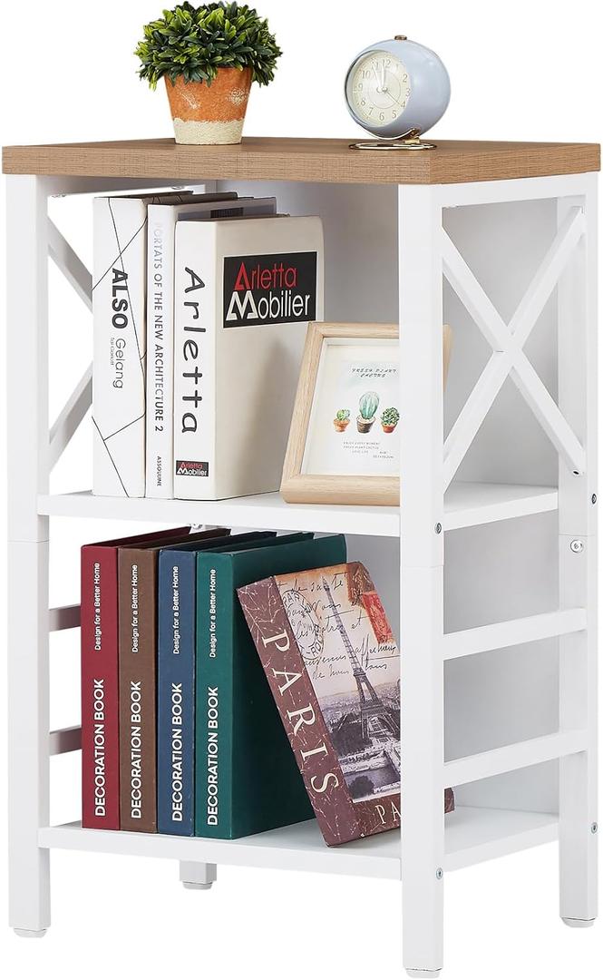 Small Bookcase,3 Tier Industrial Bookshelf with Metal Frame and Backboard,Low White Book Shelf,Small Book case for Small Spaces,Living Room,Bedroom and Home Office (3-Tier15.7"W x 11.8"D x 27.6"H)