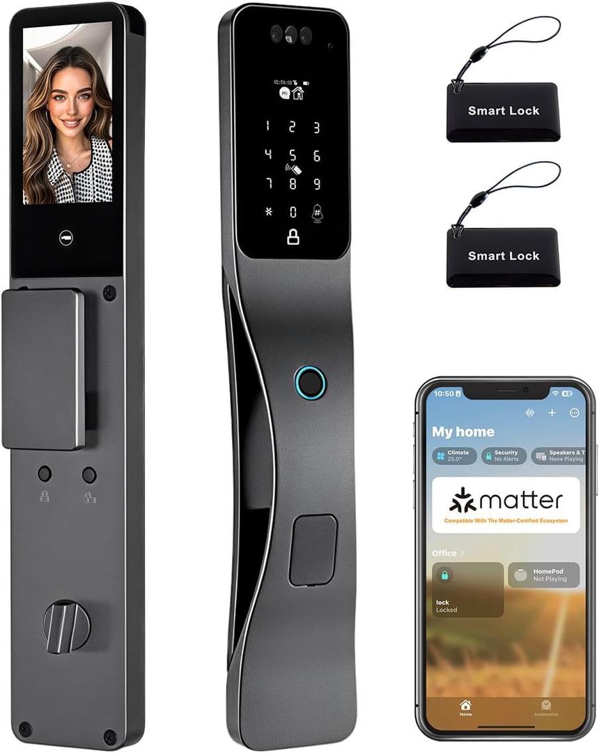 Matter Smart Lock,Compatible with Apple Home, Alexa,Google,Built-in Wi-Fi,8-in-1 Unlocking Options Including Facial Recognition,Hd Video Camera,Fingerprint,Voice Calls