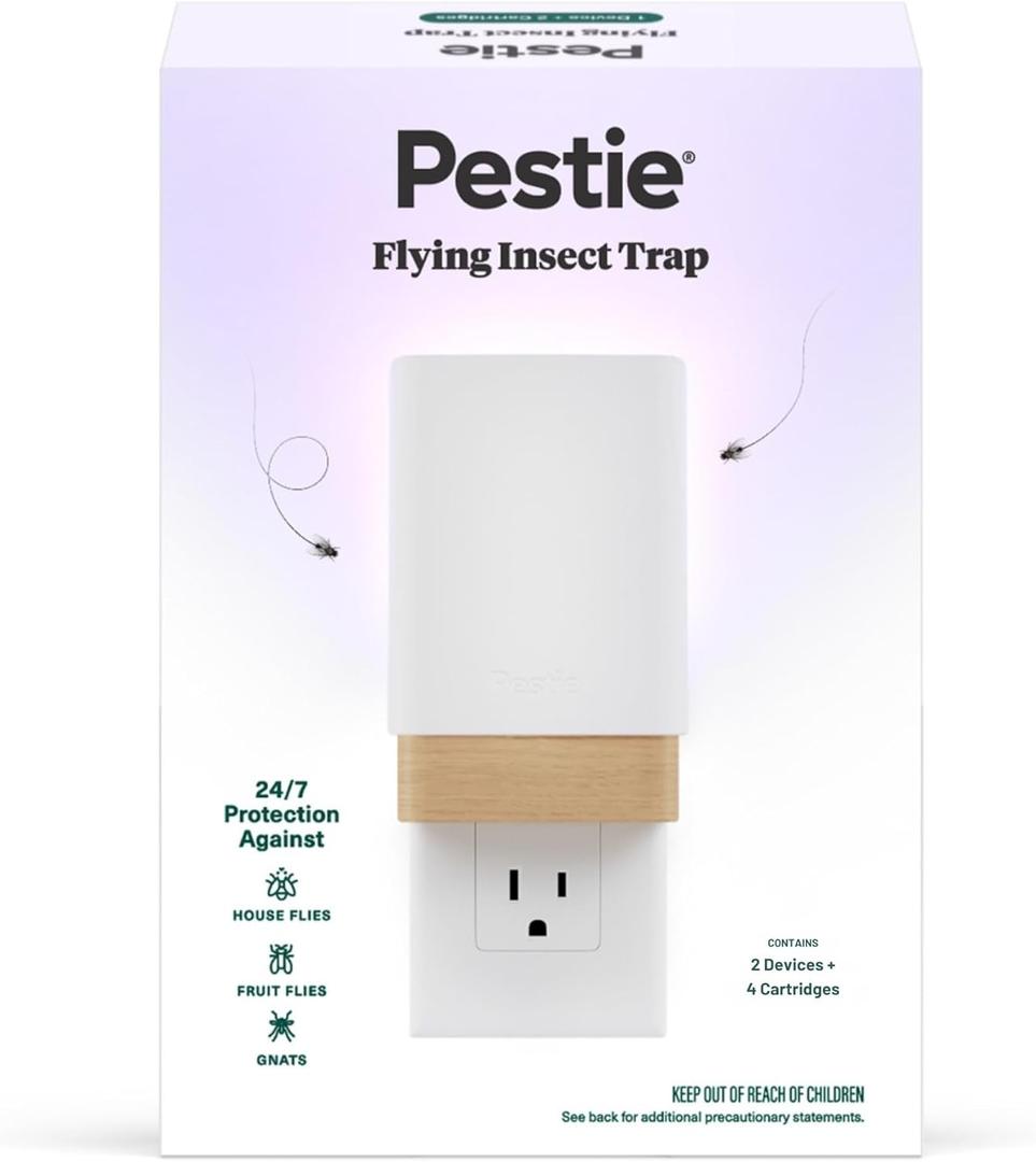 Pestie Flying Insect Trap, NanoPulse Tech Attracts & Kills Flies, Fruit Flies & Gnats, 24/7 Fly Trap with UV Light, Modern, Mess-Free Design, Easy Cartridge Swap (2 Devices & 4 Cartridges)