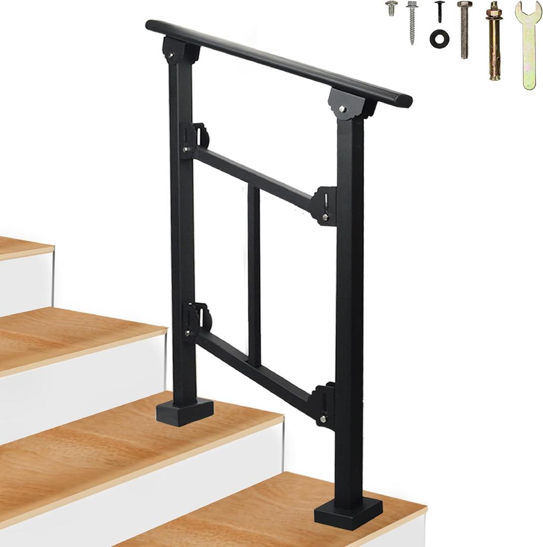 Upgrade 2 Steps Black Handrail & Indoor Stair Railing Kit, Fence & Rail Hand Rails for Outdoor Steps for Seniors for Porch Railing & Deck Hand Rail (1-2 Steps) - Set 1