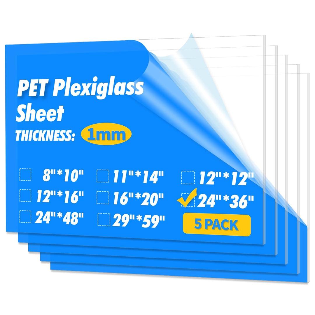 Art3d Plexiglass Sheets, Clear & Flexible, 5-Pack of 24 x 36"