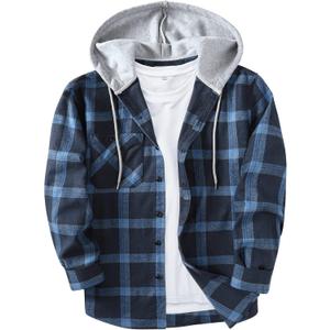 ZITY Men's Flannel Hoodie Shirts Casual Button Down Plaid Shirt Jackets for Men Long Sleeve Stylish Hooded with Pocket (Blue, M)