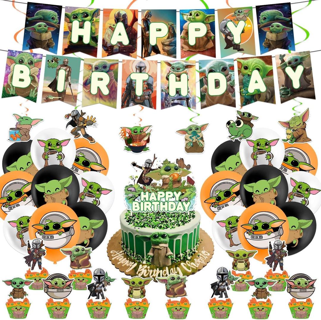 Yoda Birthday Party Decorations, 1 Banner, 18 Balloons, 1 Big Cake Topper, 12 Cake Topper,6 Hanging Swirls for Fans