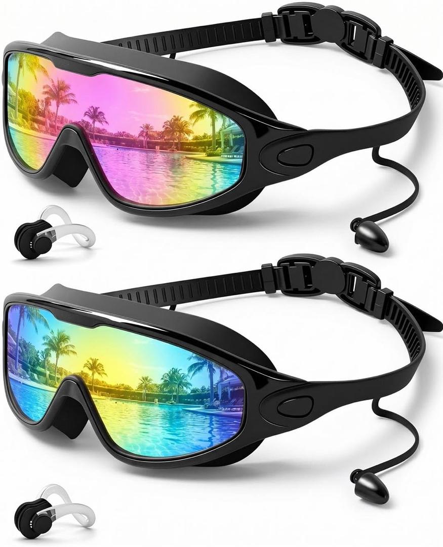Swim Goggles 2 Pack, Wide View Anti Fog&UV Swimming Goggles for Audlt, No Leak Pool Beach Essentials for Men Women (Black)