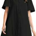 Womens Short Sleeve Button Down Mini Shirt Dress Lapel Collar Short Dresses with Pocket (Black, XL)