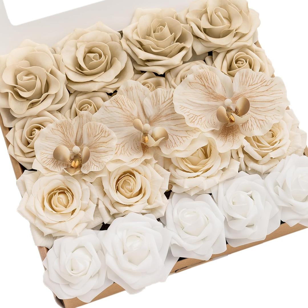 Ling's moment Artificial Flowers Fake Silk Orchid Faux Foam Roses Combo for DIY Wedding Bouquets Centerpieces Arrangements Bridal Shower Party Home Decorations, Tawny Beige & Sand Beige, 21pcs Ling's moment Artificial Flowers Fake Silk Orchid Faux Foam Roses Combo for DIY Wedding Bouquets Centerpieces Arrangements Bridal Shower Party Home Decorations, Tawny Beige & Sand Beige, 21pcs