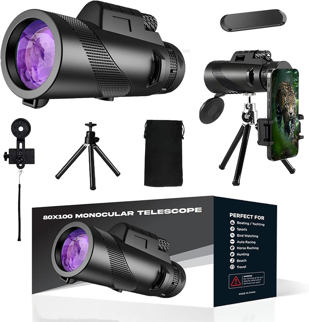 80x100 Monocular Telescope High Power  HD Monocular with Smartphone Adapter, Tripod & Bonus Magnetic Car Phone Holder for Bird Watching, Stargazing, Hunting, Camping, and Travel (Black)