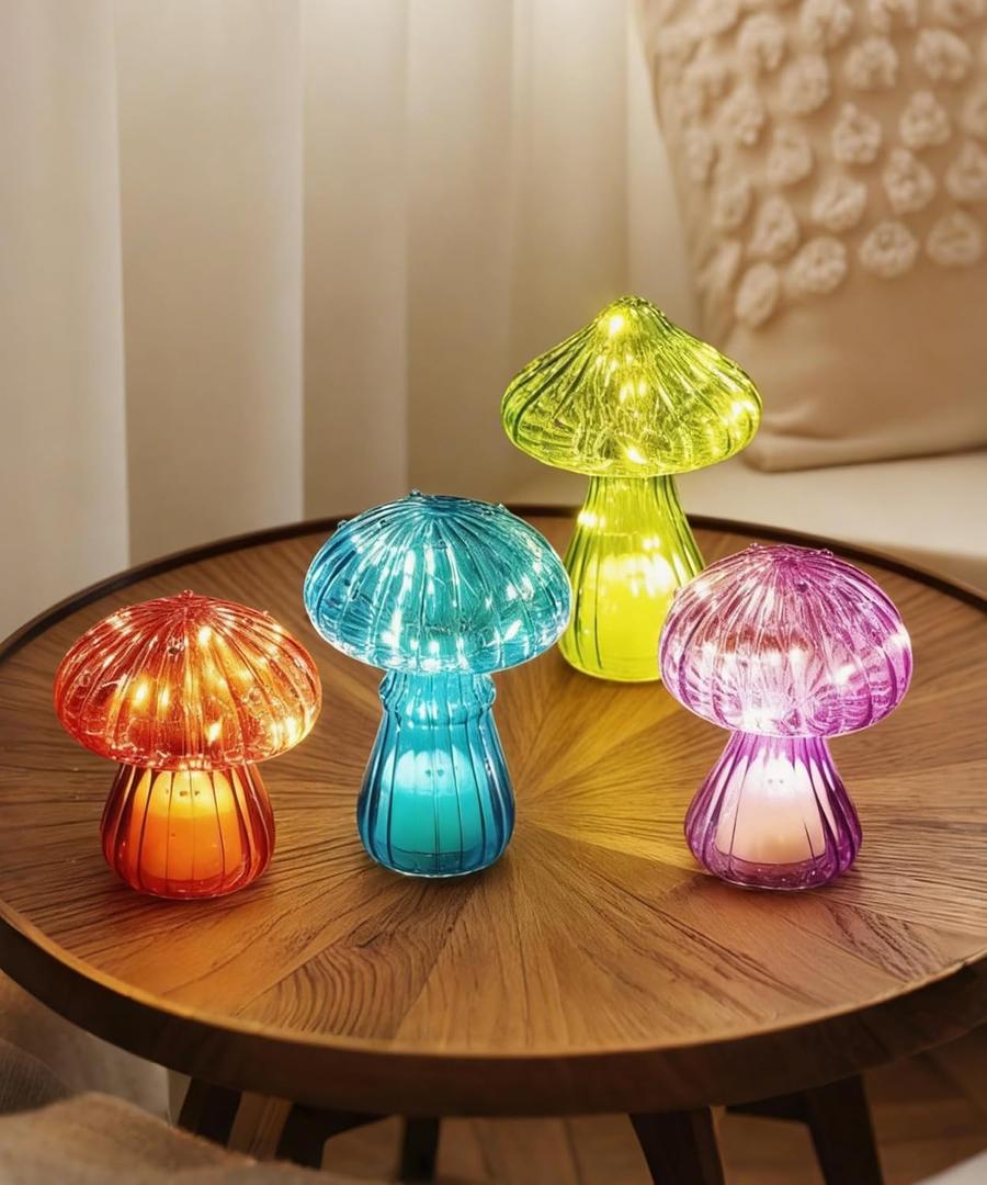 Nacome Glass Mushroom Table Lamp: Set of 4 Colored Small Cute LED Night Light Home Decor for Bedroom Desk - Birthday Gifts for Mom Women