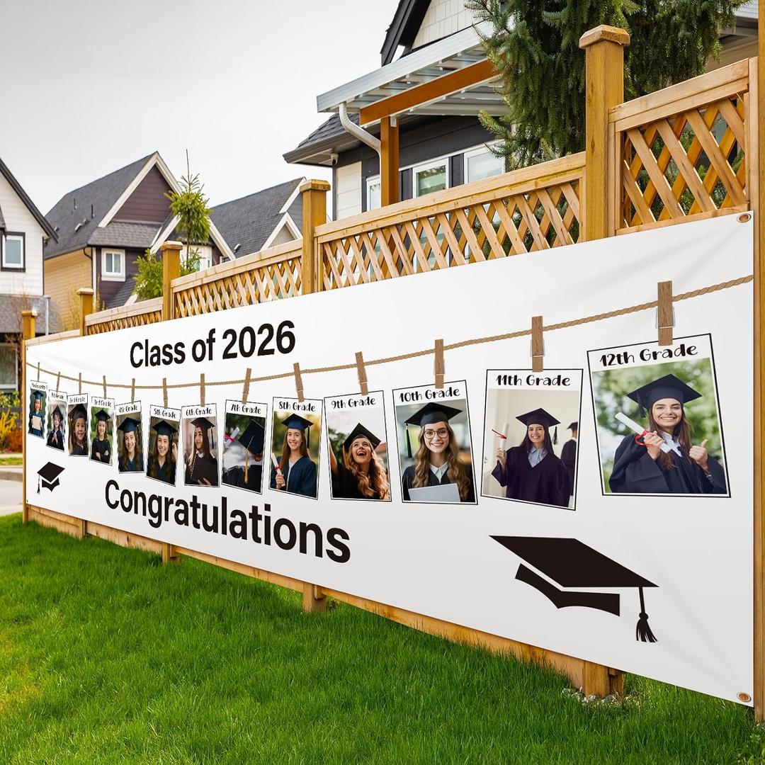 Gilprop 2026 Graduation Decorations Personalized Photo Banner 3 * 10 ft Custom Graduation Banner Class of 2026 Pictures Display 12th Grade Grad Poster for Outdoor Lawn Yard Sign Party Decoration