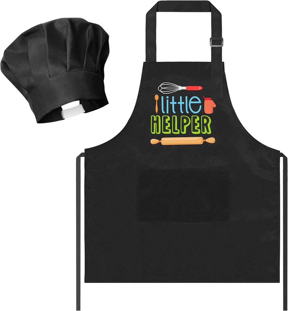 R HORSE 2Pcs Kid Apron and Chef Hat Set Adjustable Children Black Kitchen Apron Dress up Role Play Chef Toy Cooking Baking Painting and Training Kits Kid Funny Cooking Gift Birthday Gift for Kids