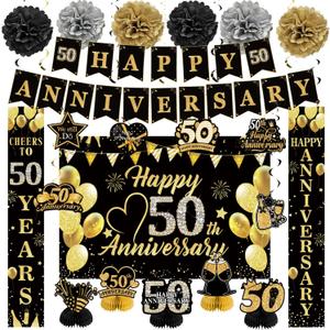 Happy 50th Wedding Anniversary Decorations Kit, Black Gold Happy 50th Anniversary Party Supplies Door Banner Decorations, Backdrop, Table Centerpieces, Hanging Swirl, Paper Pompoms