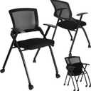 AceOrbit 2 Pcs Foldable Office Chair with PU Wheels Lumbar Support, Armrest, Thick Breathable Mesh Seat Chair for Office Meeting, Conference, Training Room, Black, 18.5 in x 18.5 in x 35.43 in