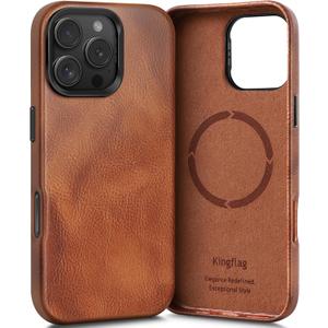 Leather Wrapped Case for iPhone 16 Pro Max 6.9 inch with Kickstand, Compatible with MagSafe, Vintage Texture Oil Wax Cowhide Leather, Metal Buttons Camera Bezel Retro Brown