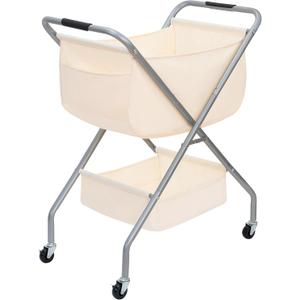 STORAGE MANIAC Collapsible Laundry Cart with Wheels 31.5"H Rolling Laundry Hamper Clothes Basket with Wheels, Canvas Liner Sturdy Steel Frame Folding for Small Narrow Space Easy Storage, Beige