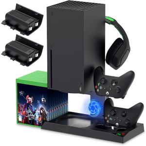 YUANHOT Vertical Cooling Stand Charging Station for Xbox Series X Console & Controller, Fan Cooling System for Xbox Series X Accessories with 1400mAh Rechargeable Battery, Headset Holder, Disc Storage (Black)