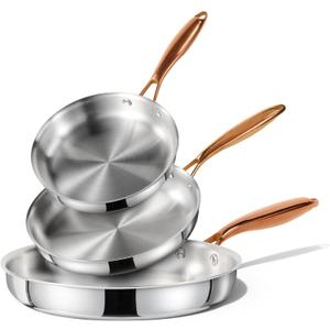 CAROTE 8"+10" +12" Stainless Steel Frying Pan Set, Non-Toxic PTFE & PFOA Free Fry Pan & Omelet Pan, Oven Safe, Compatible with Induction, Ceramic, Gas Cooktops, Silver