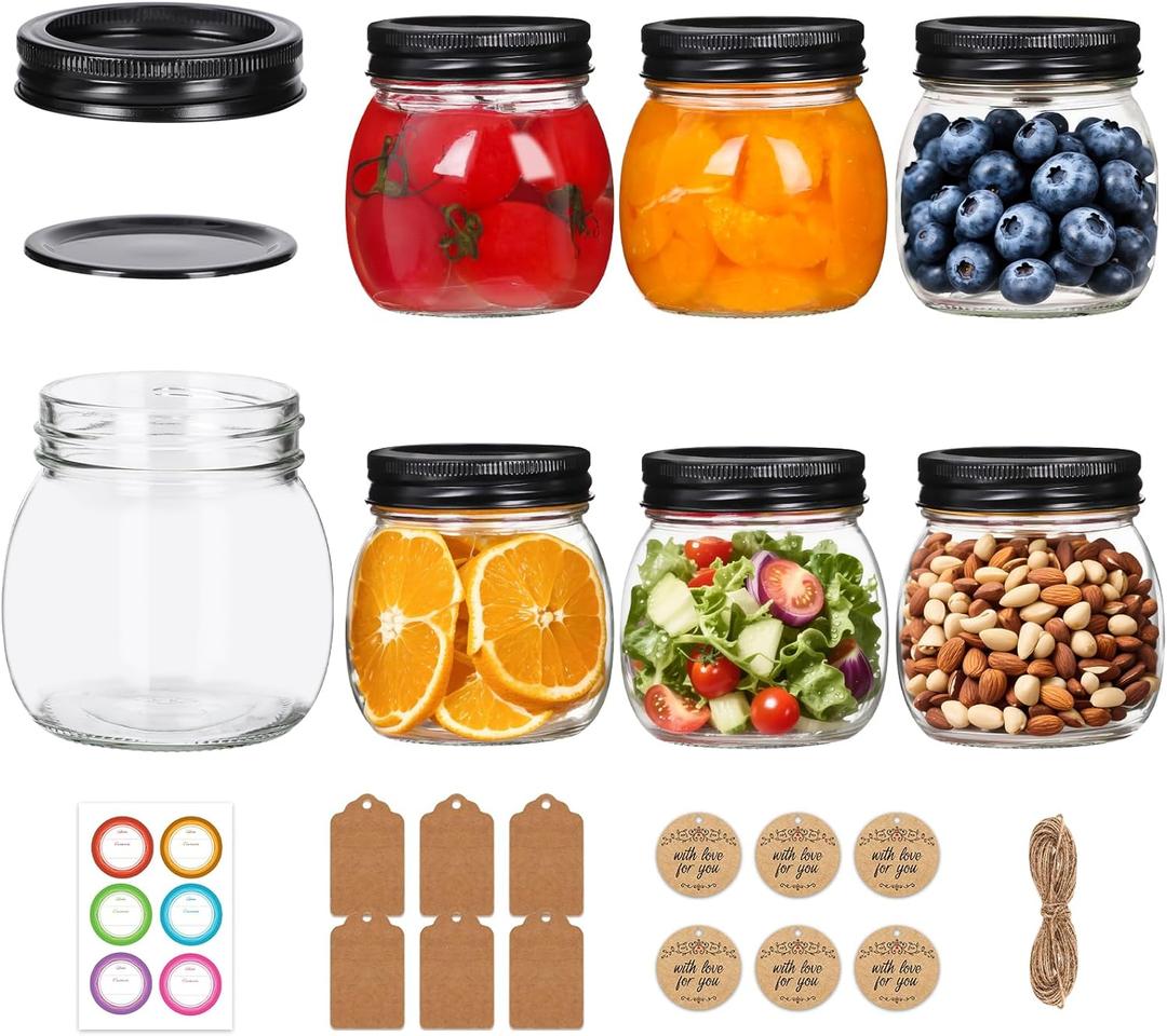 8 oz Mason Jars 6 Pack with Black Lids, Leakproof Canning Jars for Candle Making, Jam, Honey, Spices, Food Storage, Reusable Storage Containers for DIY Crafts, Includes Tags & Twine.