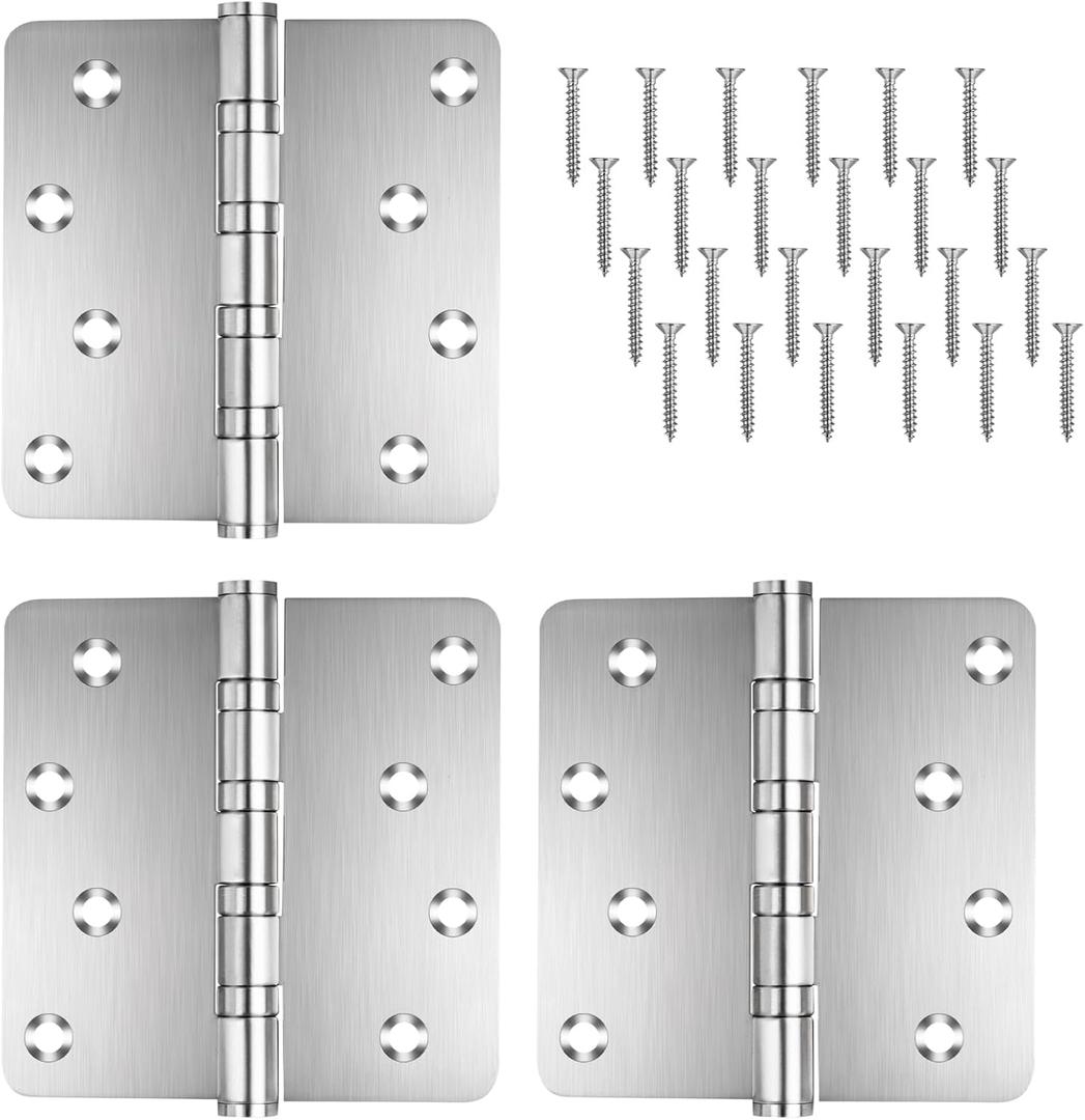 304 Stainless Steel Door Hardware 4 inch x 4 inch 3 Pack 1/4-inch Radius Corner Door Hinges Ball Bearing Interior Exterior Heavy Duty Hinges (Silver, 3 Pack)