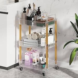 Dttwacoyh 3-Tier Rolling Cart，Makeup Cart with Wheels，Snack Cart，PET and Metal Rolling Cart for Living Room，Kitchen，Office，Bathroom，Golden