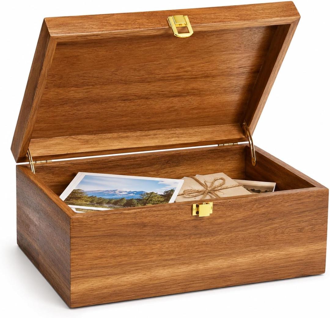 Wooden Keepsake Box with Hinged Lid - Large Acacia Wood Memory Box, Decorative Storage Box for Photos, Letters, Jewelry, Crafts, Wedding and Baby Keepsakes